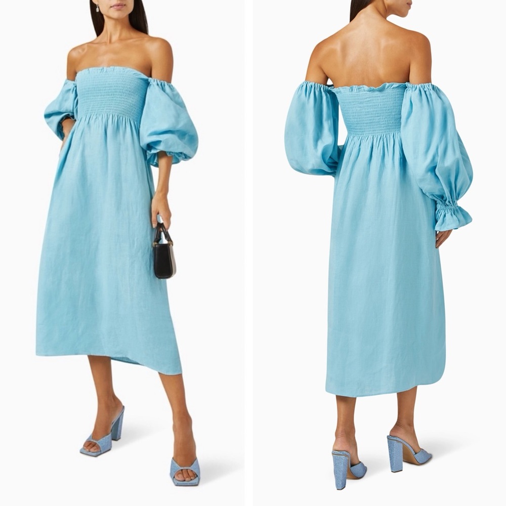 NWT Sleeper Atlanta Linen Midi Dress Off Shoulder Smocked